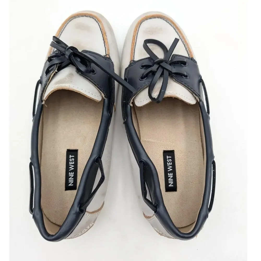 Nine West Yacht Boat Shoes Round Toe Women's White/Black Multi Size US7.5M EU38